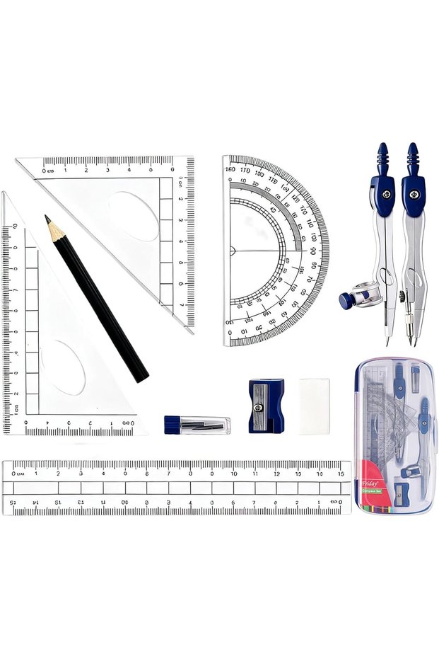 10Pcs Maths Set,Protractor And Compass Kit Math Ruler Pencil Rubber Sharpener School Stationery Draw
