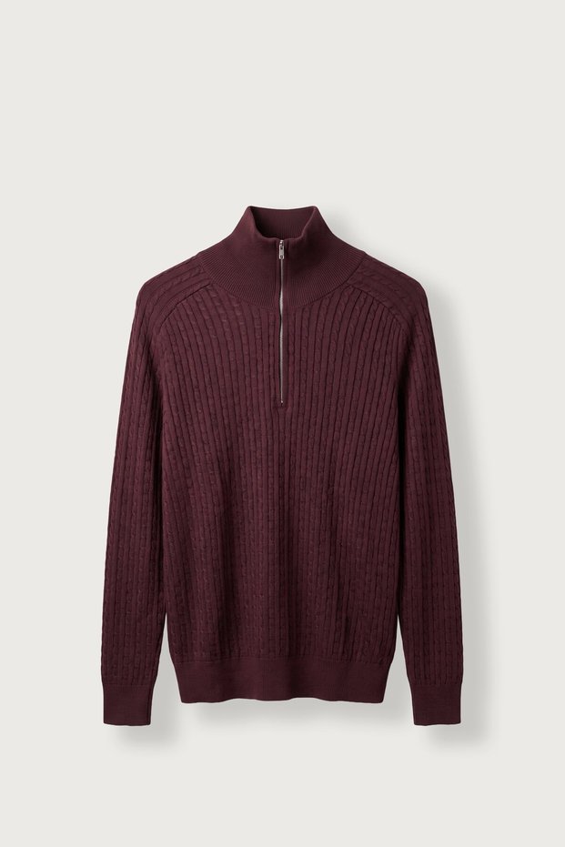 Men's Relax Fit Stand Collar Zippered Hair Knit Knitwear Cardigan Burgundy