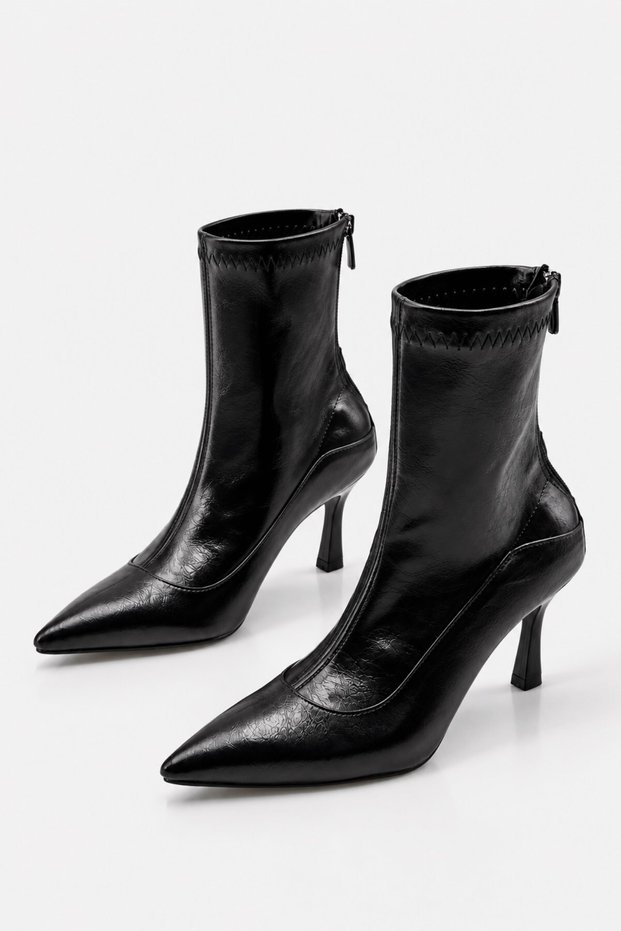Klara Women's Black Shiny Pointed Toe Thin Stiletto Heeled Short Boots with Back Zipper 8 cm Heel