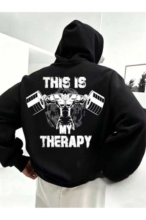 Gym This Is My Therapy Back Printed Premium Hooded 2 Thread Oversize Sweatshirt for Men