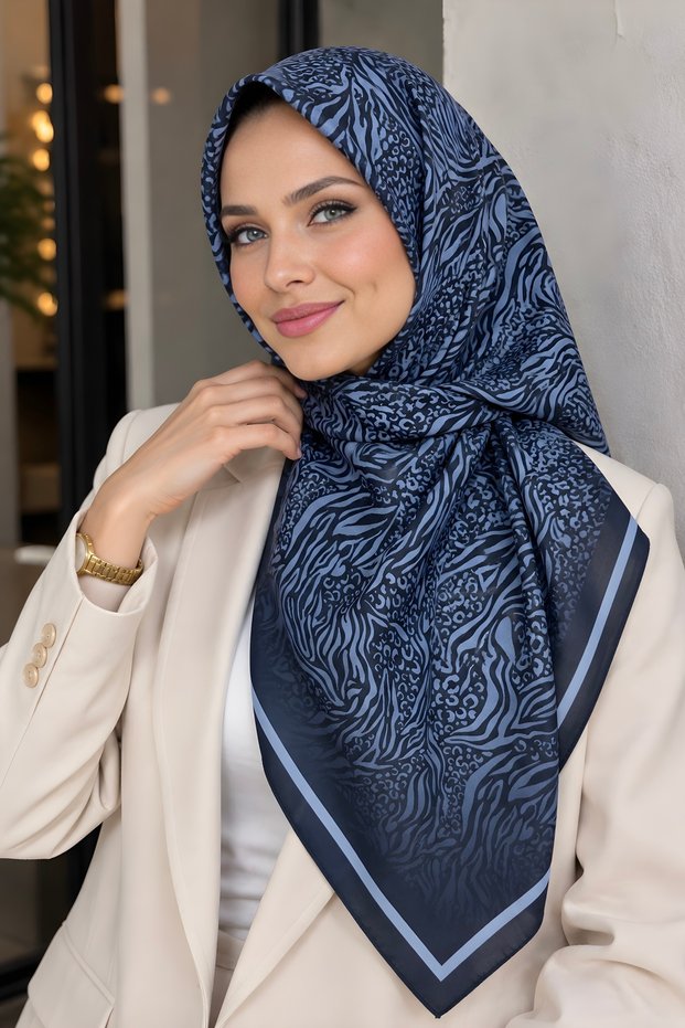 وشاح ناعم منقوش باللون الأزرق الداكن