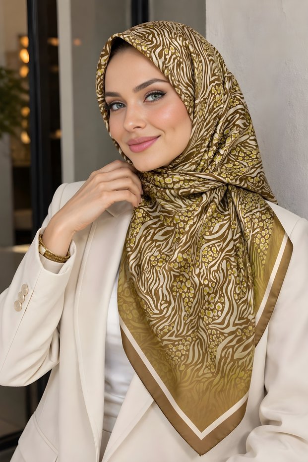 وشاح ناعم منقوش باللون الأخضر الزيتي