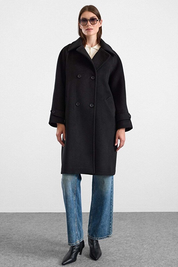 Reglan Sleeve Double Breasted Large Size Coat Black 3189