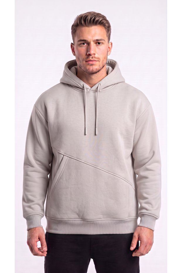 Men's Stone Color Cold Weather Resistant Hooded 3 Thread Sweatshirt with Side Pockets
