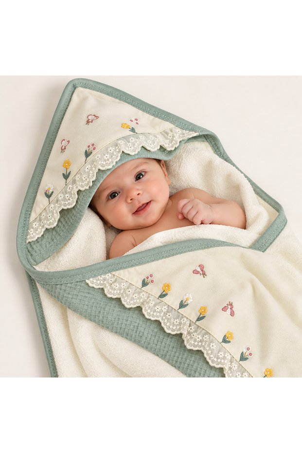 🌸 Flower and Butterfly Embroidered Lace Hooded Baby Bath Towel