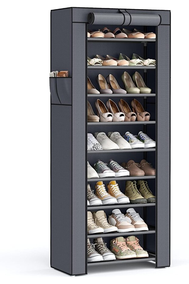 10-Tier Shoe Tower Rack with Cover 27-Pair Space Saving Shoe Storage Organizer Grey