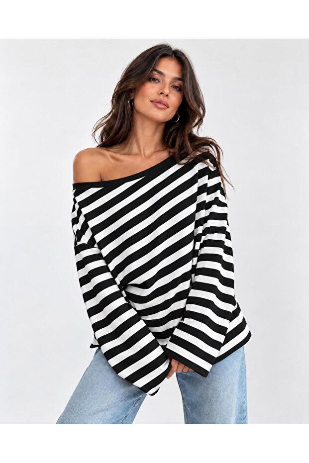 Women's Black-White Striped Off-Shoulder Long Striped Blouse