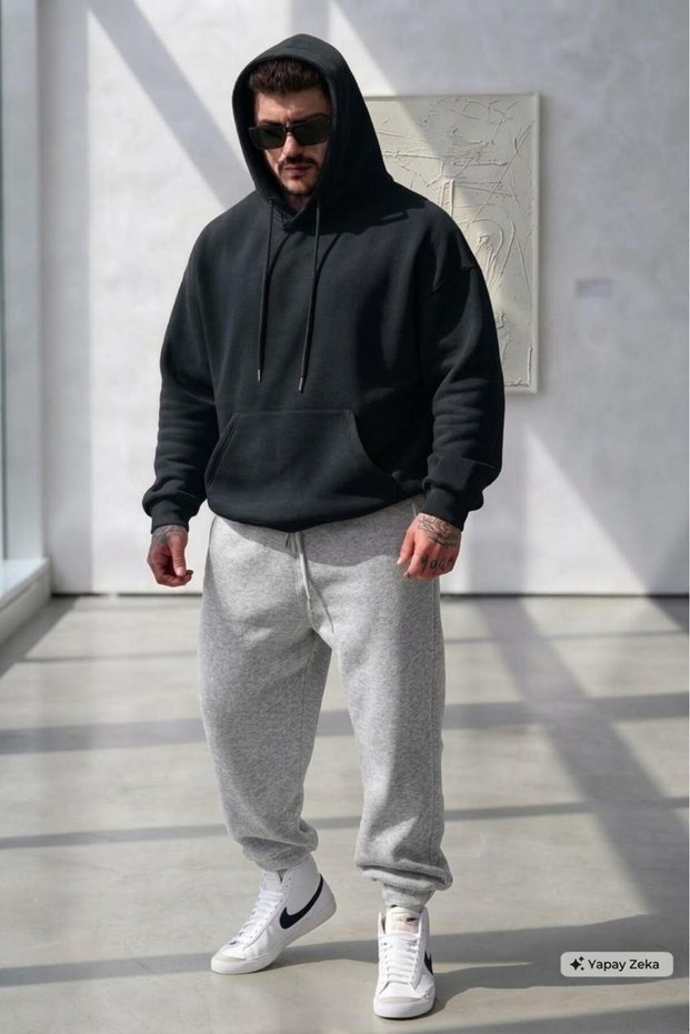 Men's Black Combed Cotton Hooded Sweat Gray Tracksuit Bottom Set