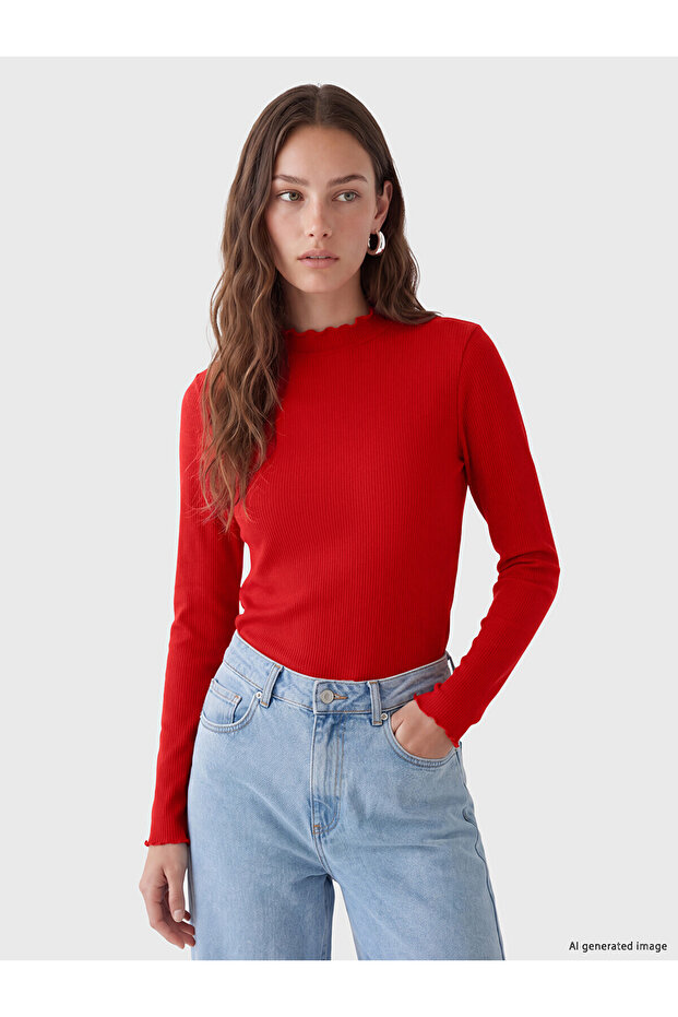Two Mt Shop Quality Lcw Modest Red Camisole Plain Super Skinny & Extra Slim Long Sleeve Women's Bodysuit