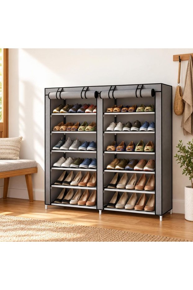 6-Tier Shoe Rack with Zippered Fabric Cover, 12-Compartment Double-Row Shoe Storage Cabinet for Entryway and Bedroom, Grey
