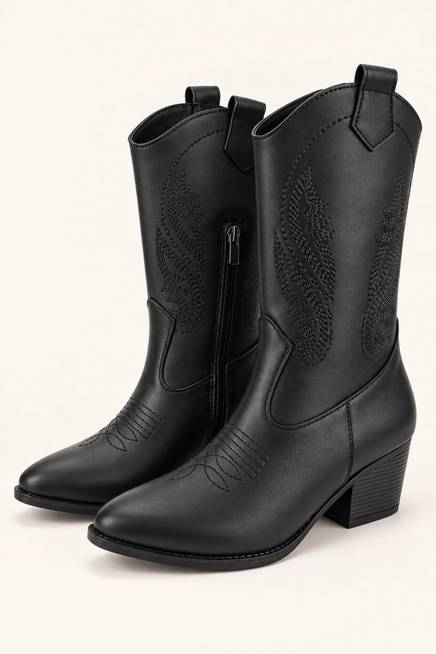 Women's Western Embroidered Heeled Leather Cowboy Short Boots Black