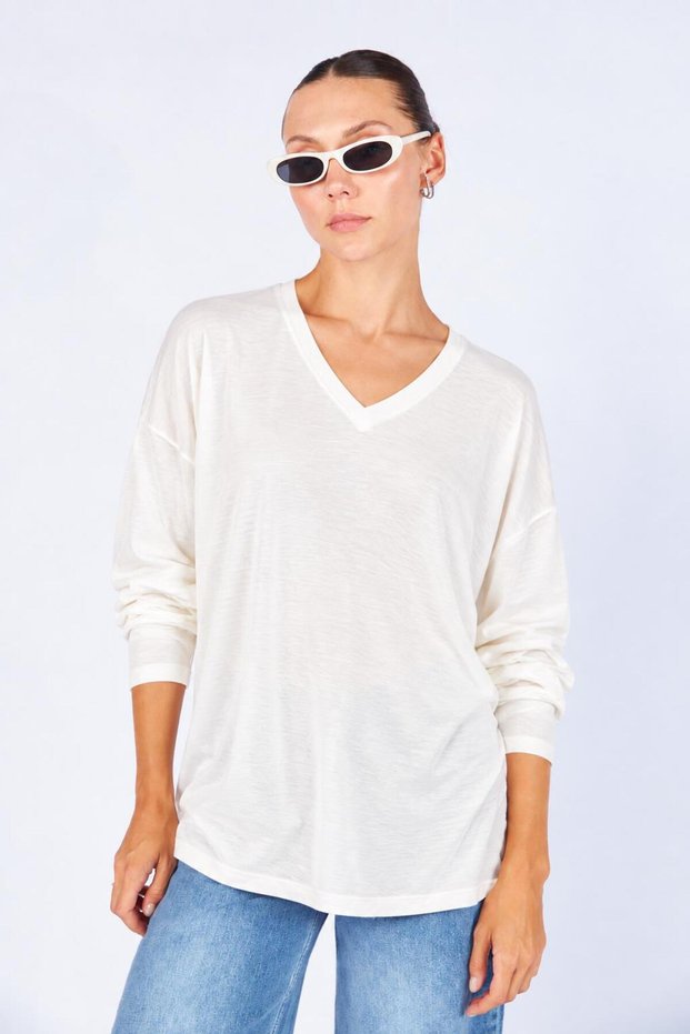 Women's White V-Neck Loose Cut Blouse