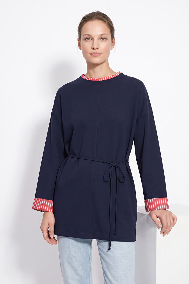 Collared Sleeve Striped Lace-Up Tunic 1722 - Dark Blue