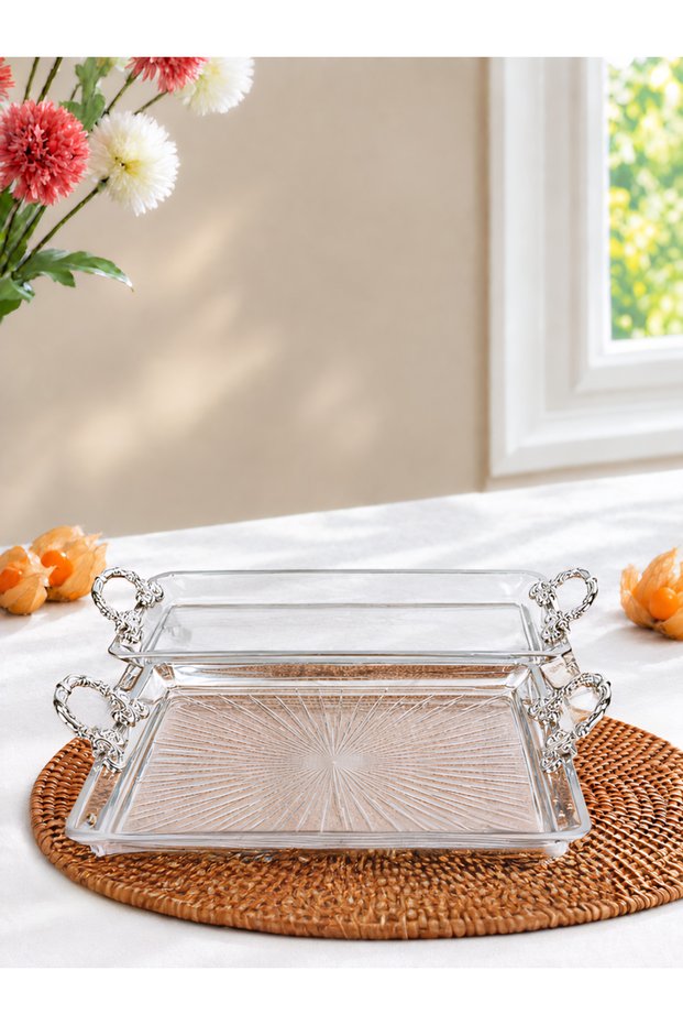 Silver 2-Piece Madlen Presentation Serving Plate Tray with Handle