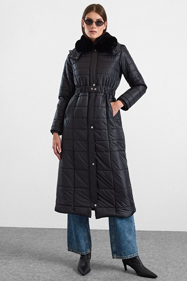 Long Quilted Coat with Fur Collar and Detachable Hood Black 6930