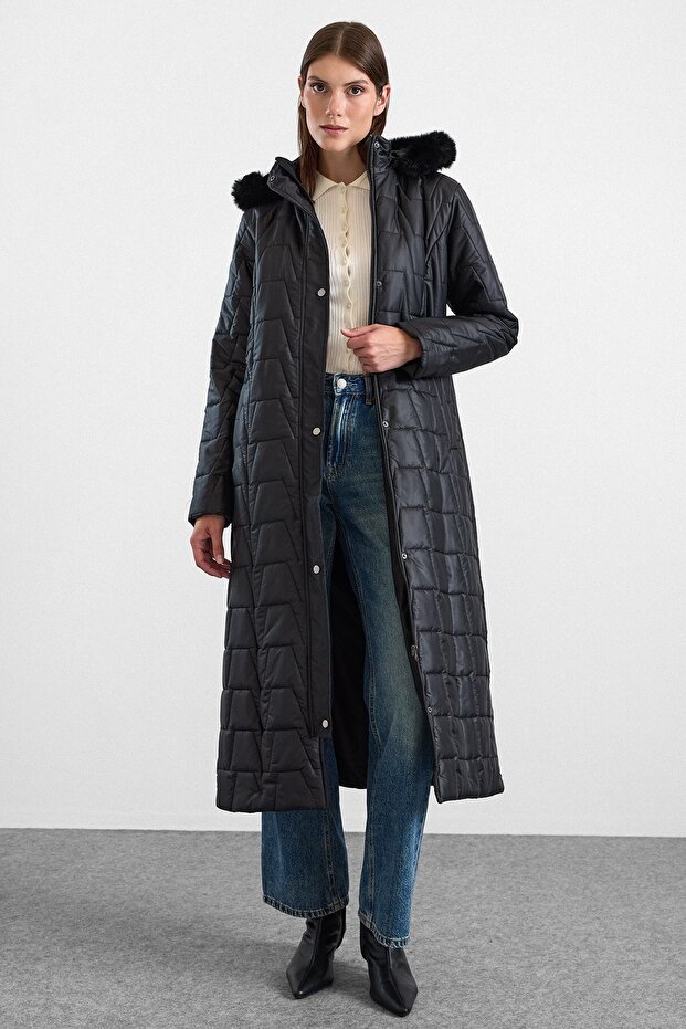 Zipper Closure Detachable Fur Hooded Long Quilted Coat Black 6916