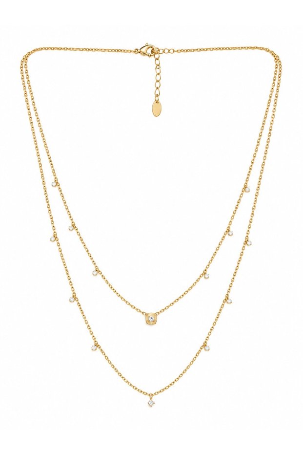 Double Row Gold Necklace with Zircon Stone Detail