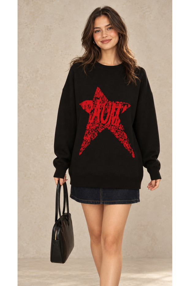 Star Woven Detailed Soft Knitwear Crew Neck Sweater