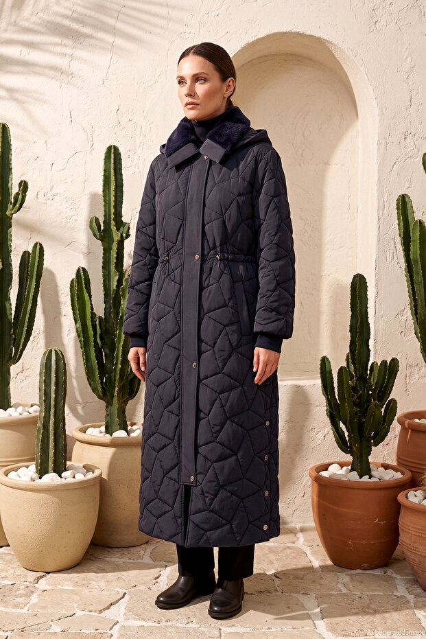 Collar Part Plush Detail Hooded Inflatable Coat 570080 Navy Blue