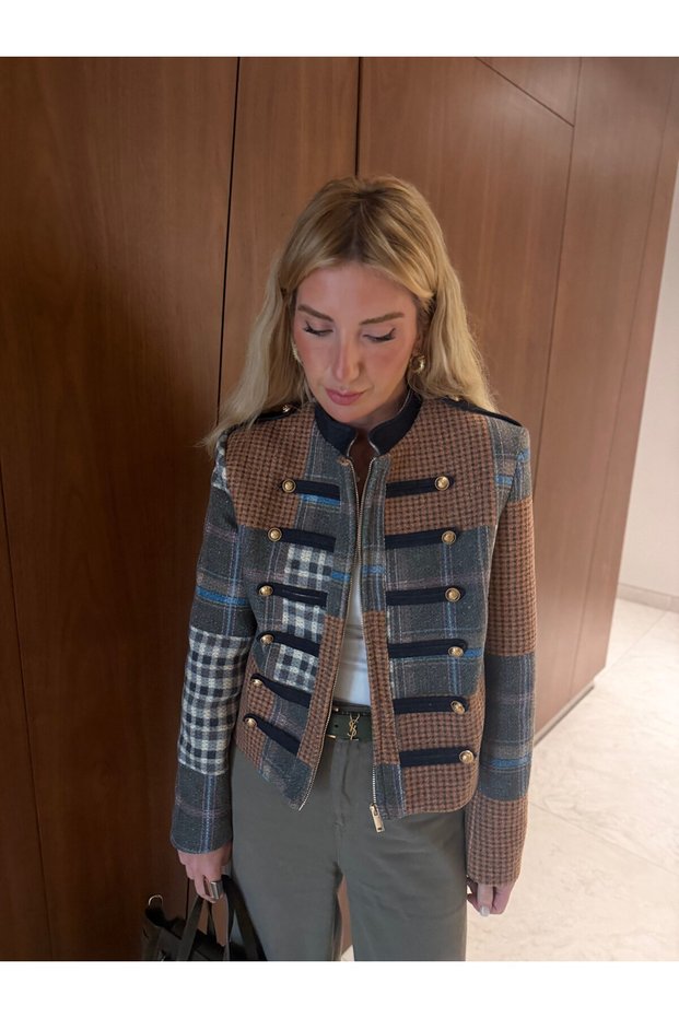 Patchwork Desenli Napolyon Model Premium Kaşe Ceket