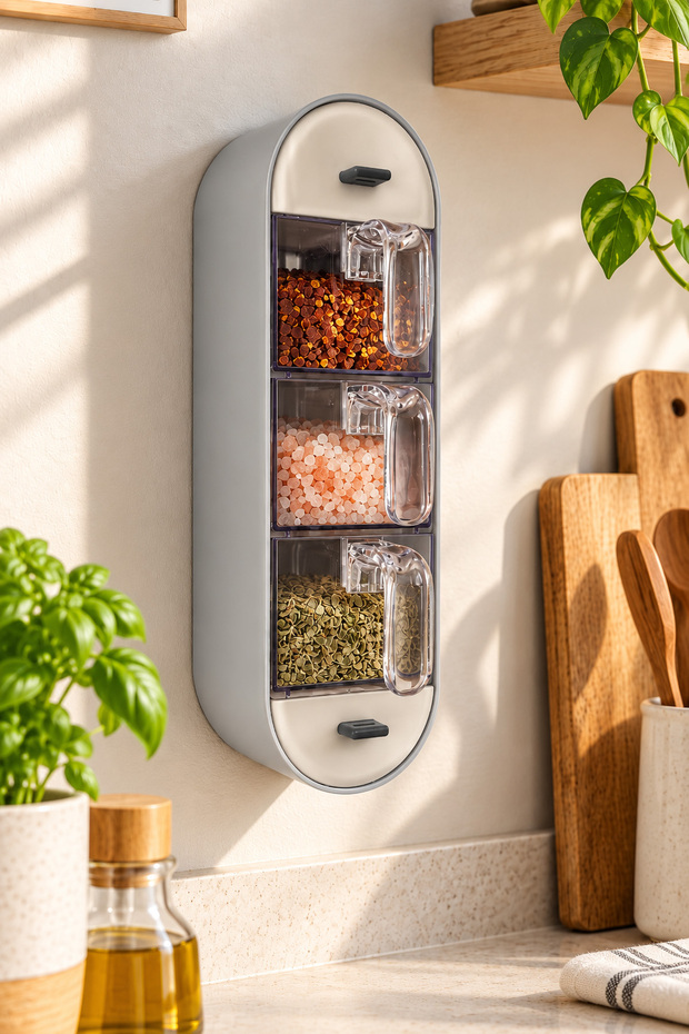 Wall Mounted 3-Piece Spice Rack Set with Adhesive and Spoon, Gray