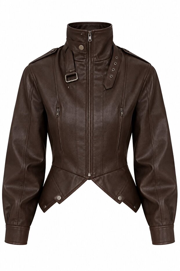 Brown Collared Leather Jacket with Belt - 8680