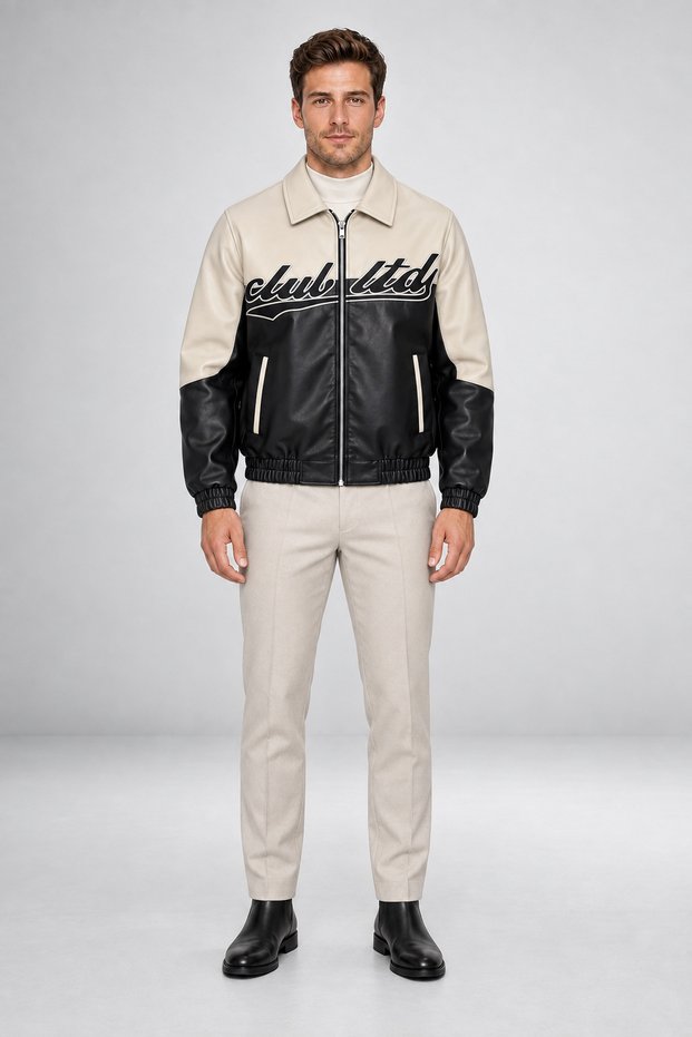 Men's Double-Colored Oversized Faux Leather Jacket with Fur Inside