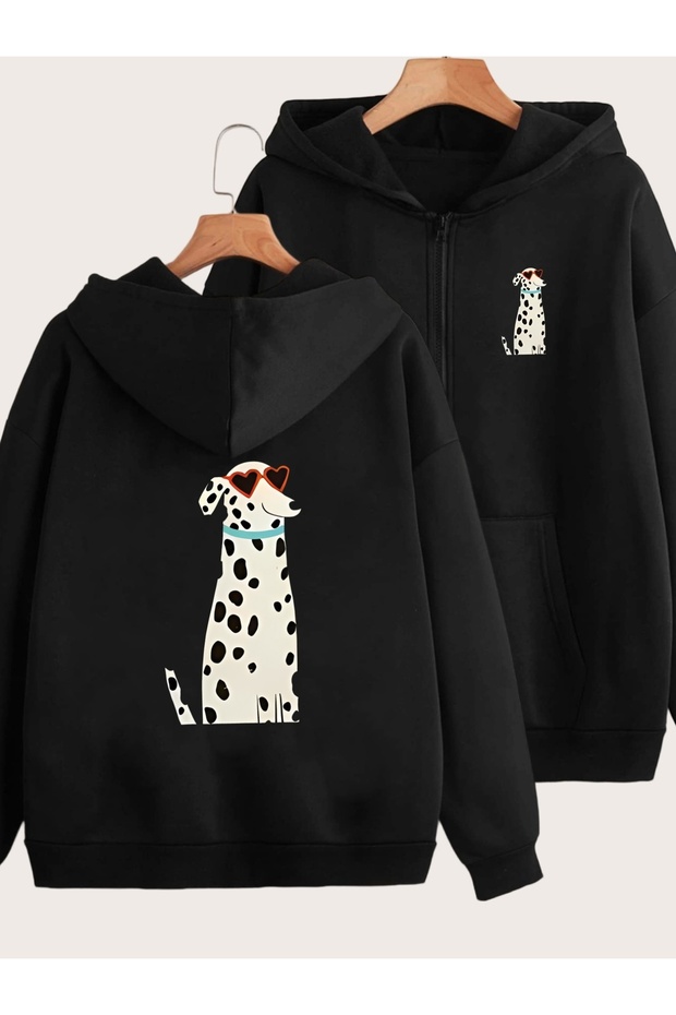 Unisex Black Cool Dog Printed Zipper Sweatshirt Printed Premium Oversize T-Shirt