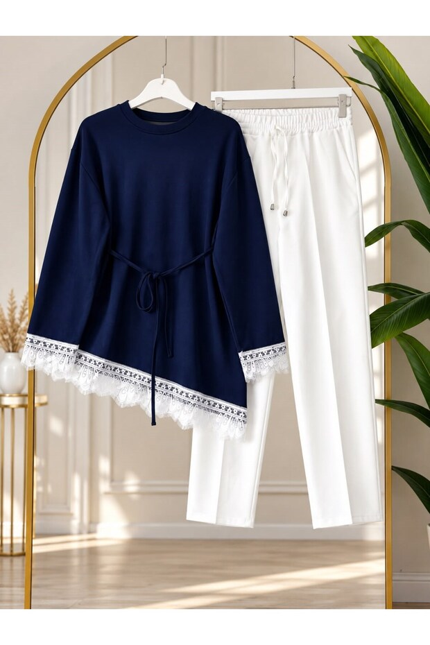 Women's Hijab Asymmetrical Lace Detailed Blouse and Trousers Set Navy Blue