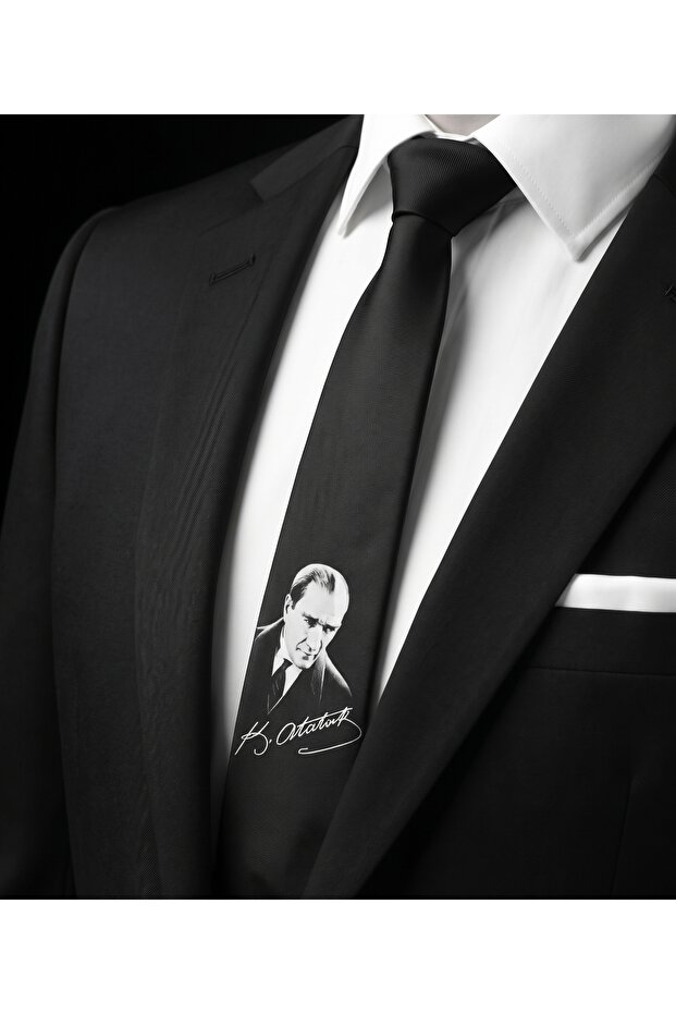 Ataturk Portrait and Signature Special Design Matte Men's Tie - 7cm (Special Boxed) Digital Printing