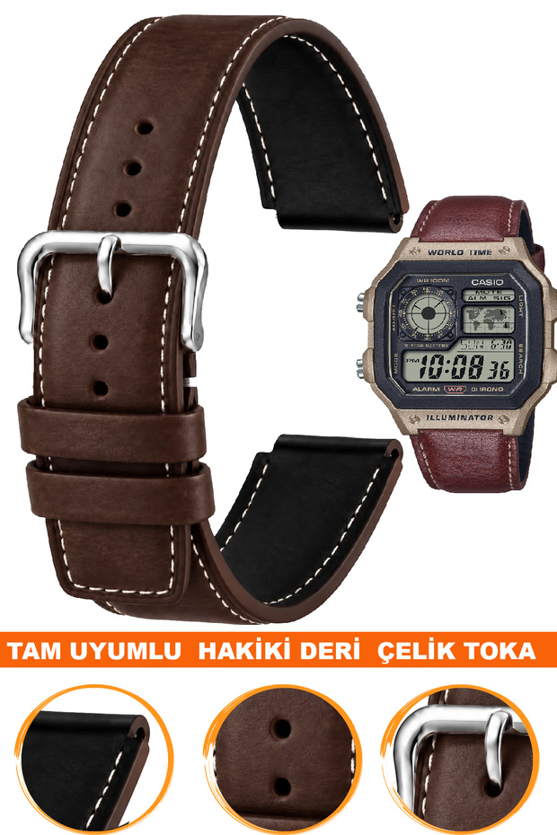 Ae-1200Whl-5Avdf Premium Genuine Leather Watch Band Strap Compatible with Ae-1200 Series L35Cae