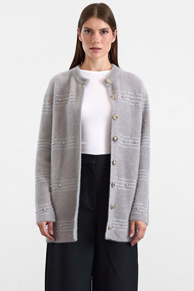 Pearl Detailed Soft Fabric Knitwear Cardigan Gray 8296