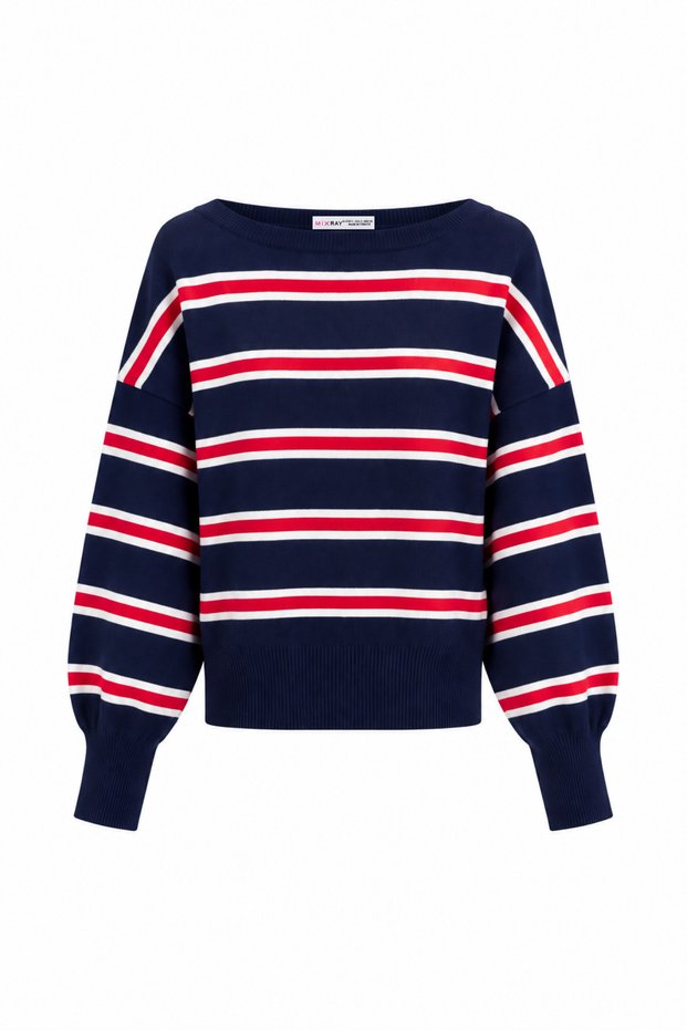 6988 Women's Asymmetrical Rib Cut Boat Neck Knitwear Sweater Navy Blue