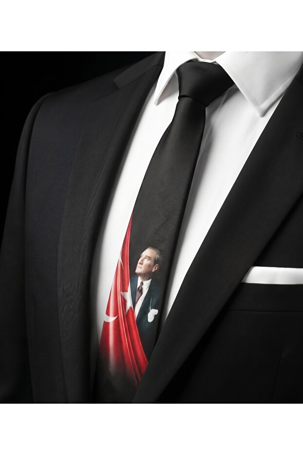 Black Special Design Tie with Ataturk Portrait and Turkish Flag (7 cm) - Comes with Special Box