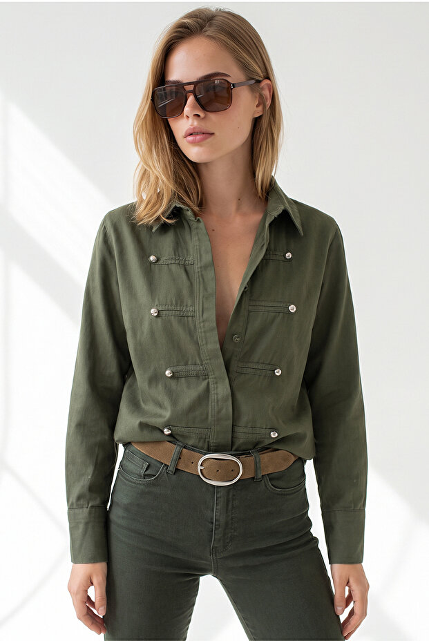 Women's Khaki Napoleon Button Detailed Gabardine Shirt Gml-19001461