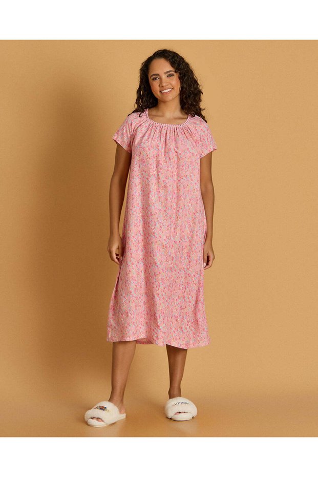 Women Pink Printed Short Sleeve Nightgown