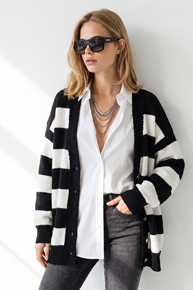 Women's Black Ecru Thick Striped Long Knitwear Cardigan Hrk-19000504