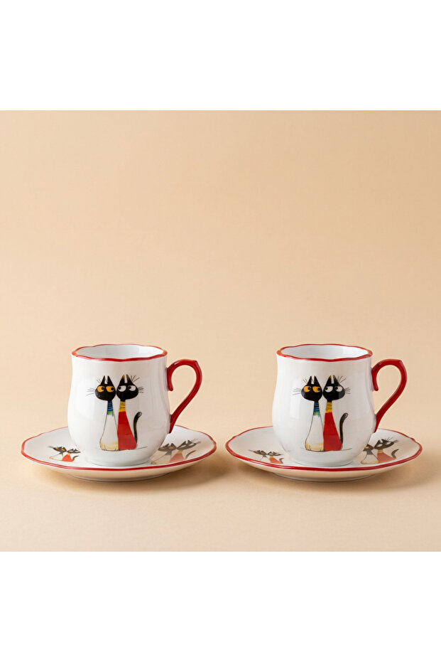 Porcelain Set of 2 Coffee Cups with Cat Figures