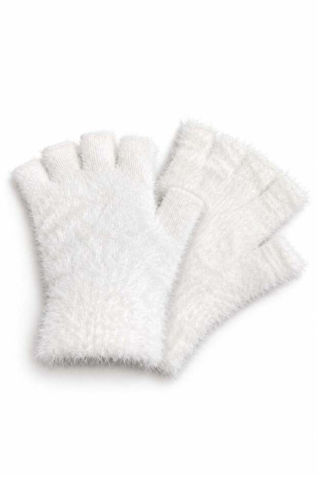 White Soft Plush Textured Flexible Knitted Half-Finger Functional Gloves with Cut-Out Detail