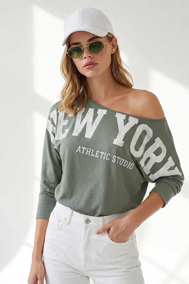 Women's Khaki New York Printed Boat Neck Blouse Blz-19003463