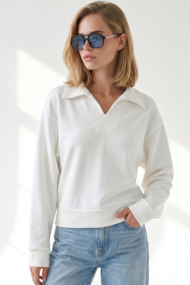 Women's Ecru Polo Collar Draped Crop Sweatshirt Swt-19000805