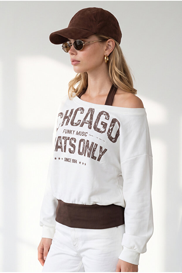 Women's White Boat Neck Double Layer Sweatshirt Swt-19000806