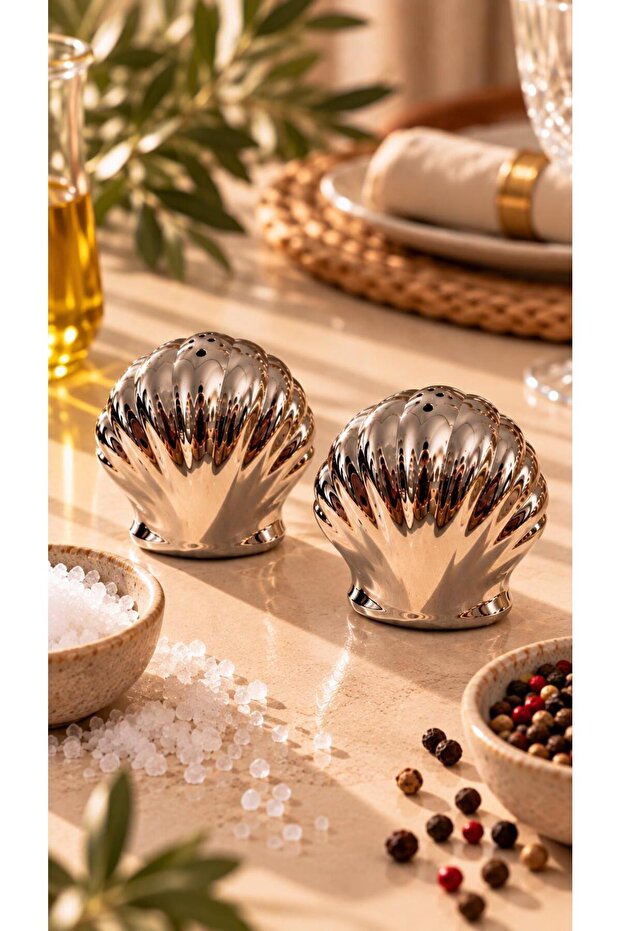 Sea Shell Oyster Salt and Pepper Shakers Silver Set of 2