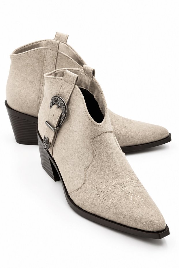 Phlox Women's Suede Beige Cowboy Metal Buckle Embroidered Thick Heeled Short Boots 6.5 cm Heel