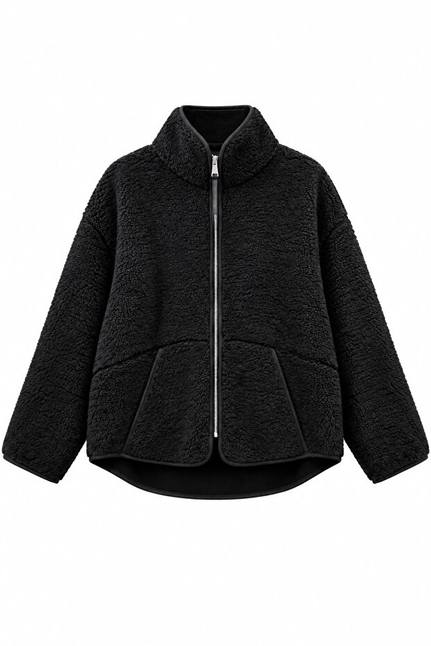 4984 Women's Zippered Front Pocket Stand Collar Fleece Sweatshirt Black