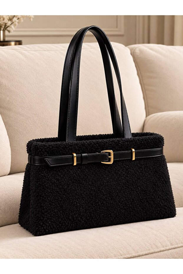 Women's Black Plush Leather Shoulder Bag with Belt Detail