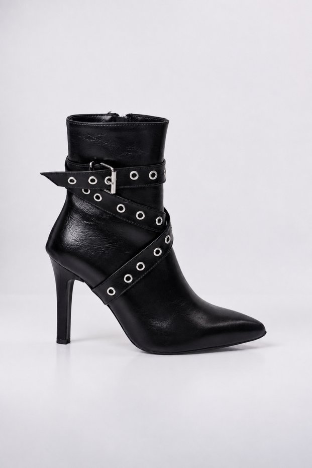 Gia - Black Pointed Toe Belt Detailed Thin Heeled Women's Boots