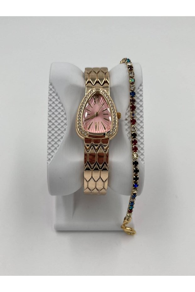 Women's Wristwatch and Bracelet Combination Set – Stylish Steel Band Watch and Colorful Stone Bracelet as a Gift