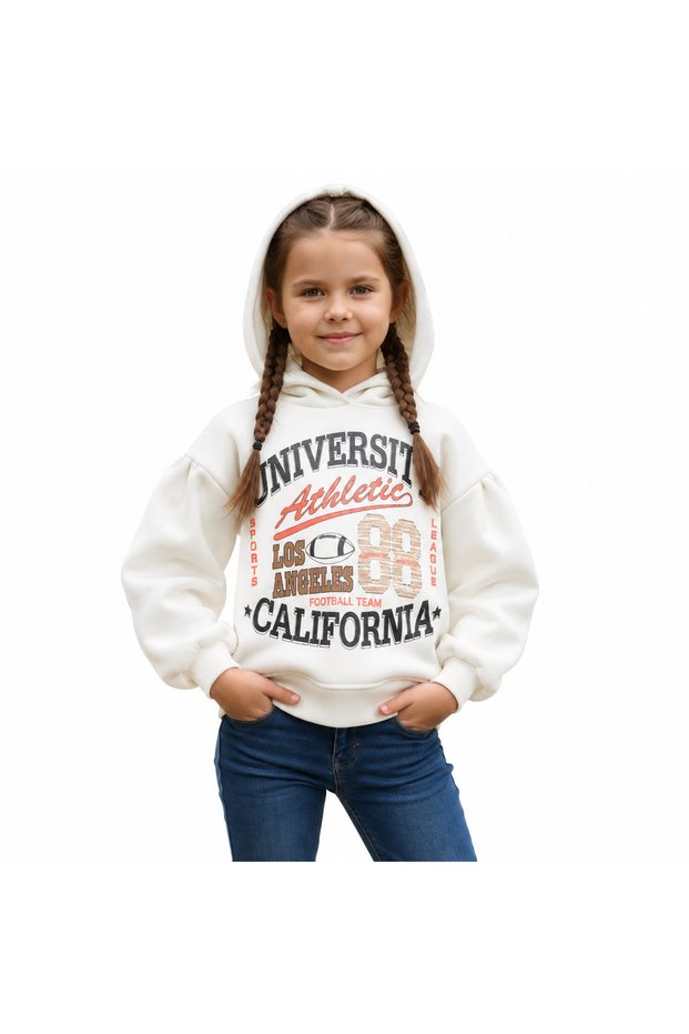 Girl's hooded sweatshirt - off-white with print - relaxed fit