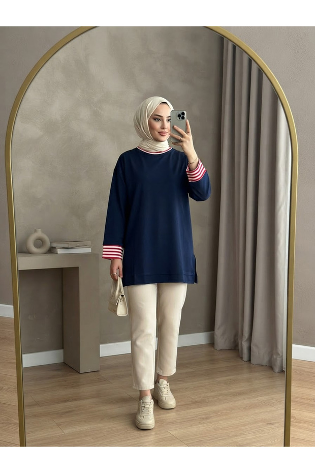Women's Striped Ribbed Detailed Waist Tie Long Tunic